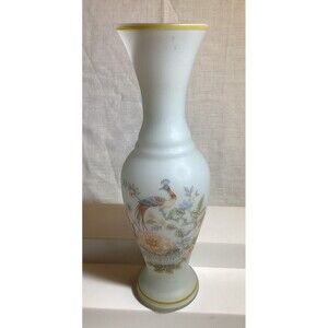 Peacock Bird & Flowers White Frosted Art Glass Bud Flower Vase Peru UCGC 10"